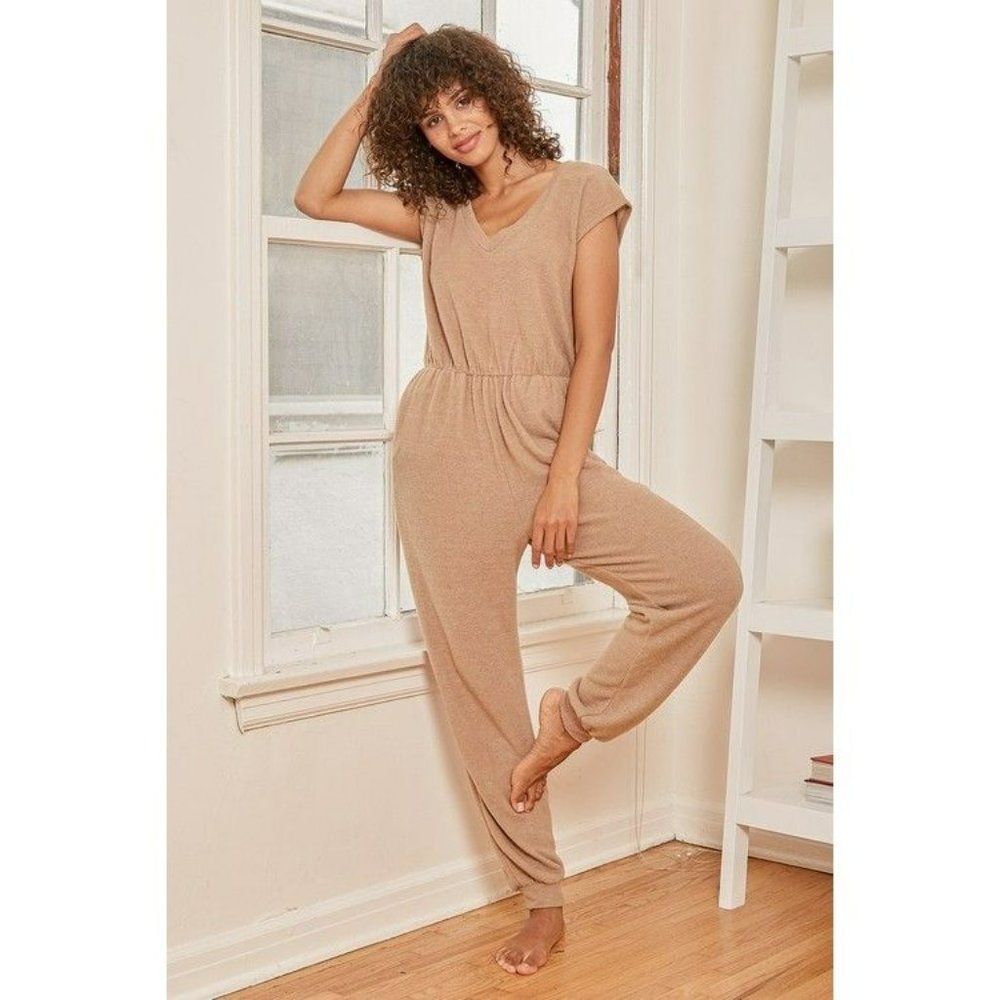 Lulu's Womens Small Jumpsuit Brown Short Sleeve Lounge Pants Jogger Sweats